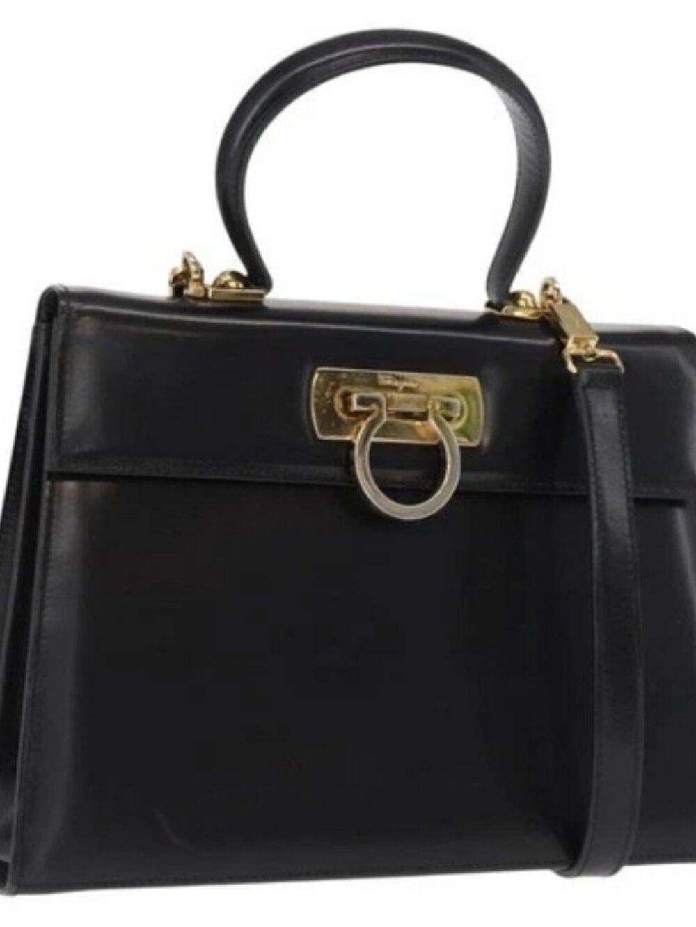 Salvatore Ferragamo Gancini Hand Bag Leather 2way Black Gold Auth 168101
